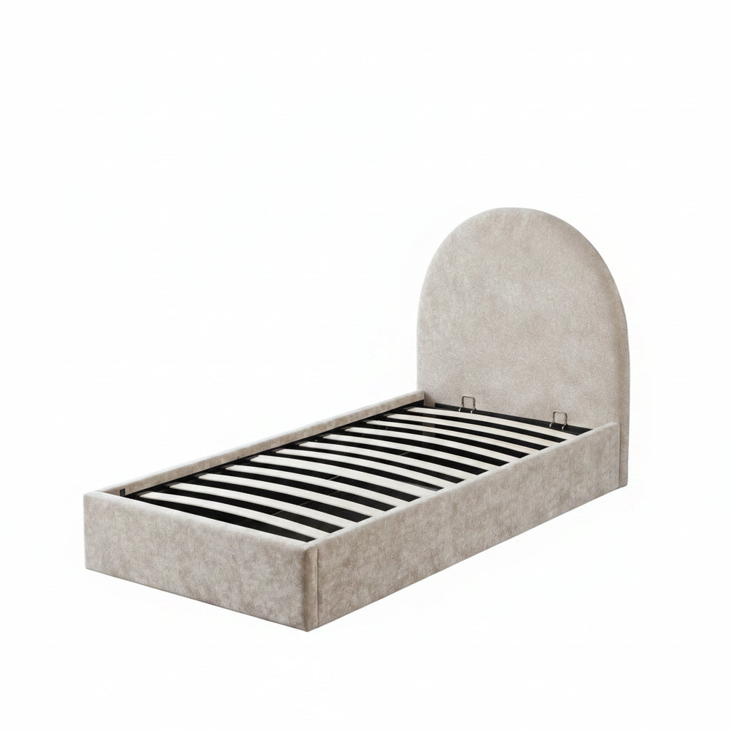 Lit coffre 90x190 beige tête de lit arrondie sommier inclus #couleur_doudou