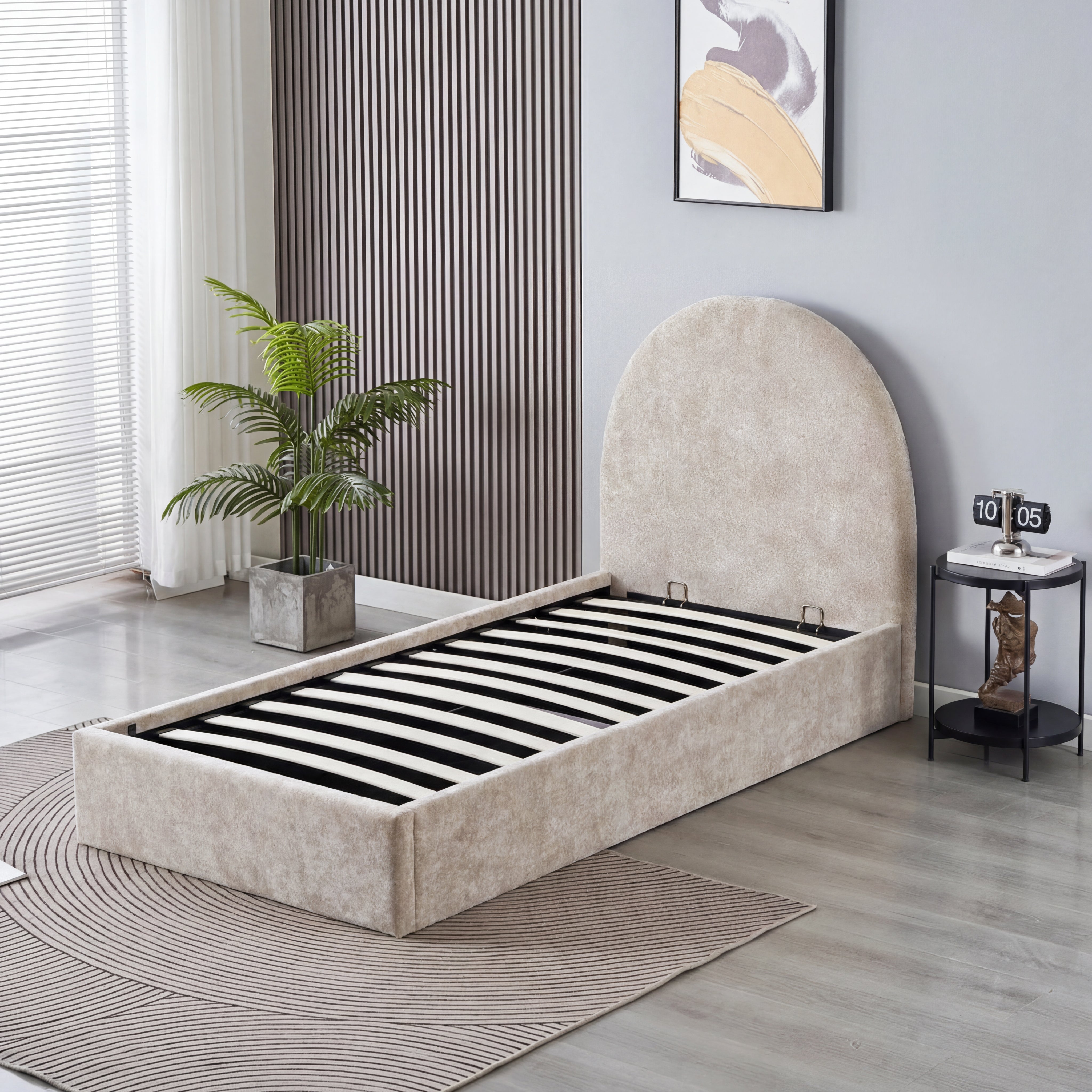 Lit coffre 90x190 beige tête de lit arrondie sommier inclus #couleur_doudou