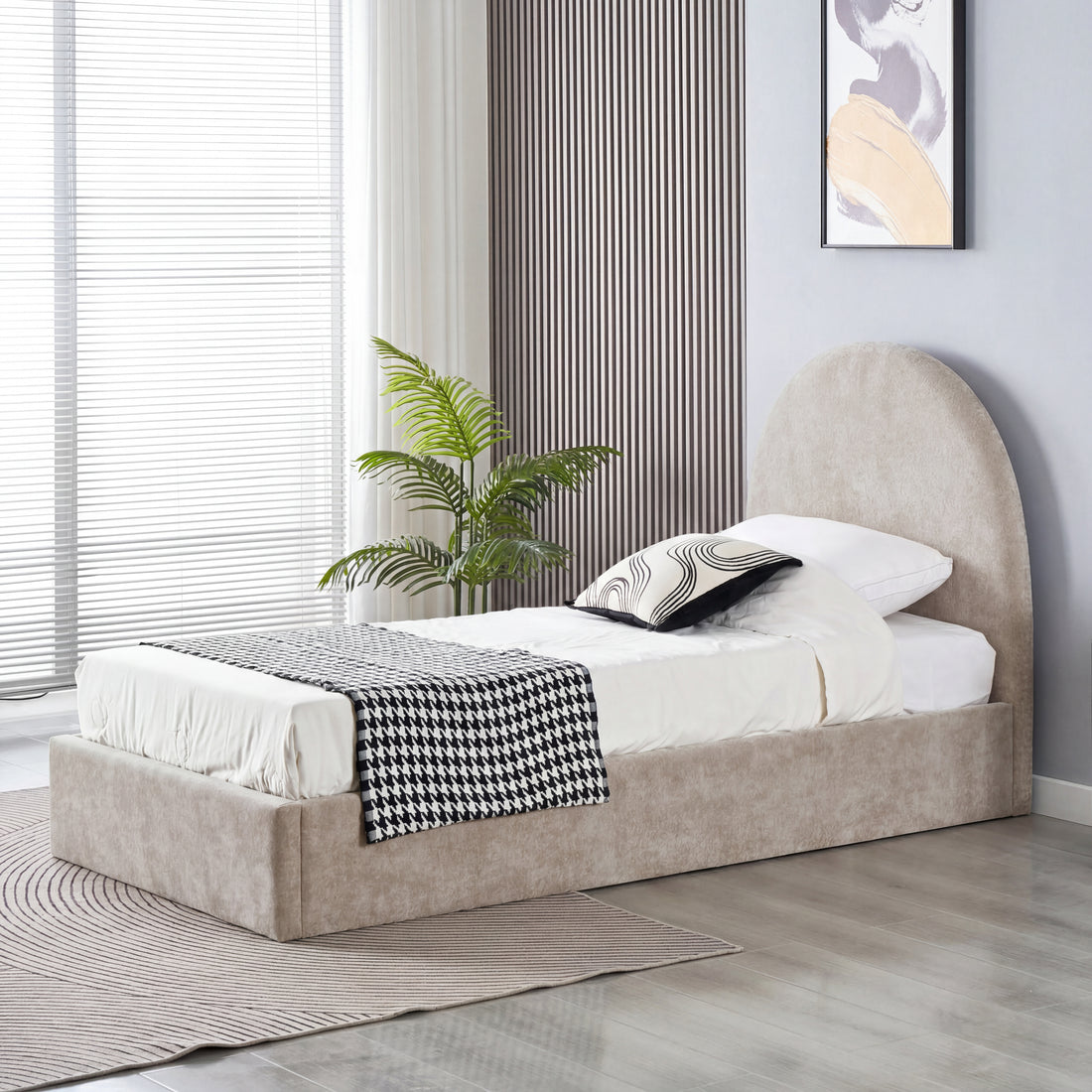 Lit coffre 90x190 beige tête de lit arrondie sommier inclus #couleur_doudou