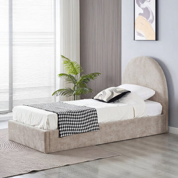 Lit coffre 90x190 beige tête de lit arrondie sommier inclus #couleur_doudou