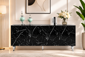 Buffet BAROQUE – Laqué Marbre Noir Pieds Chrome – 4 Portes – 180x40x80 cm