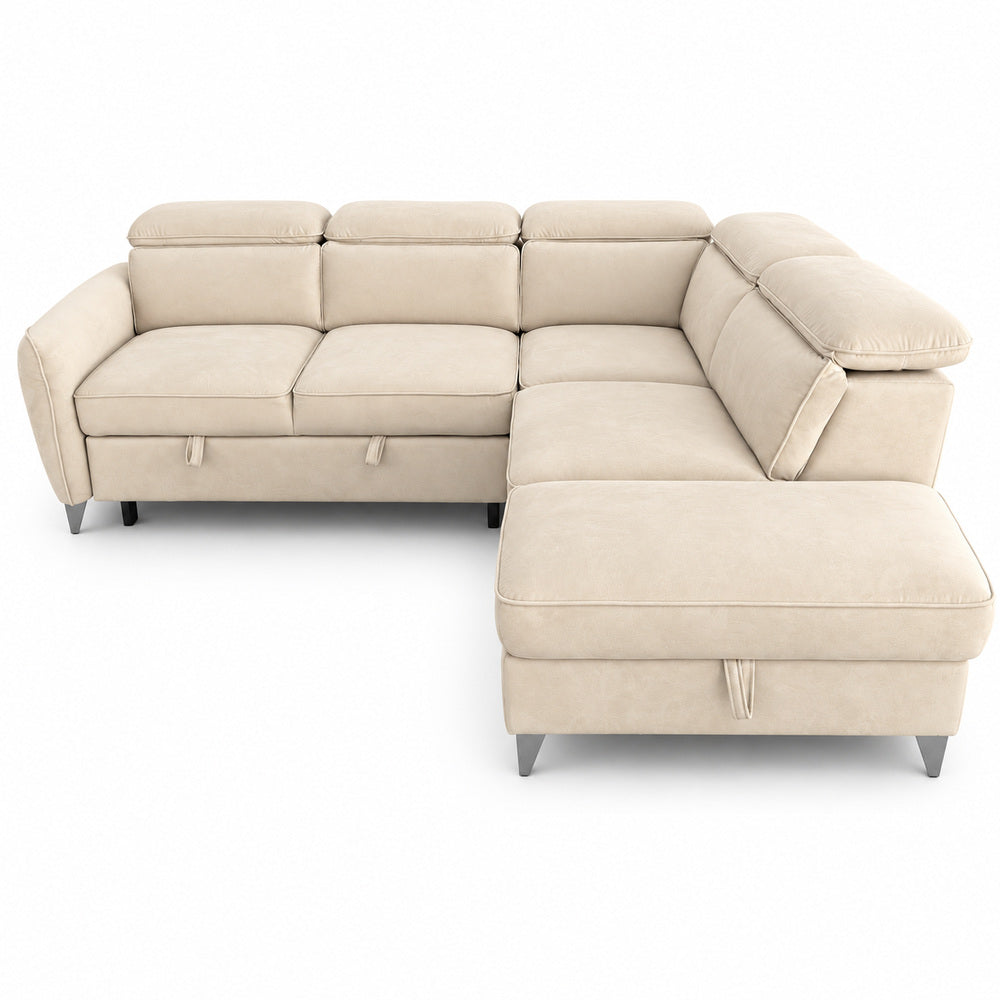 Canapé d’angle droit convertible avec coffre en velours beige – Bari