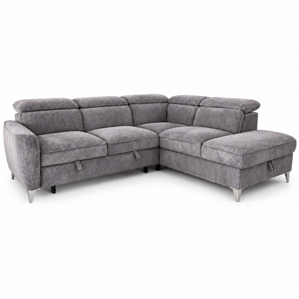 Canapé d’angle droit convertible avec coffre en tissu côtelé gris – Bari