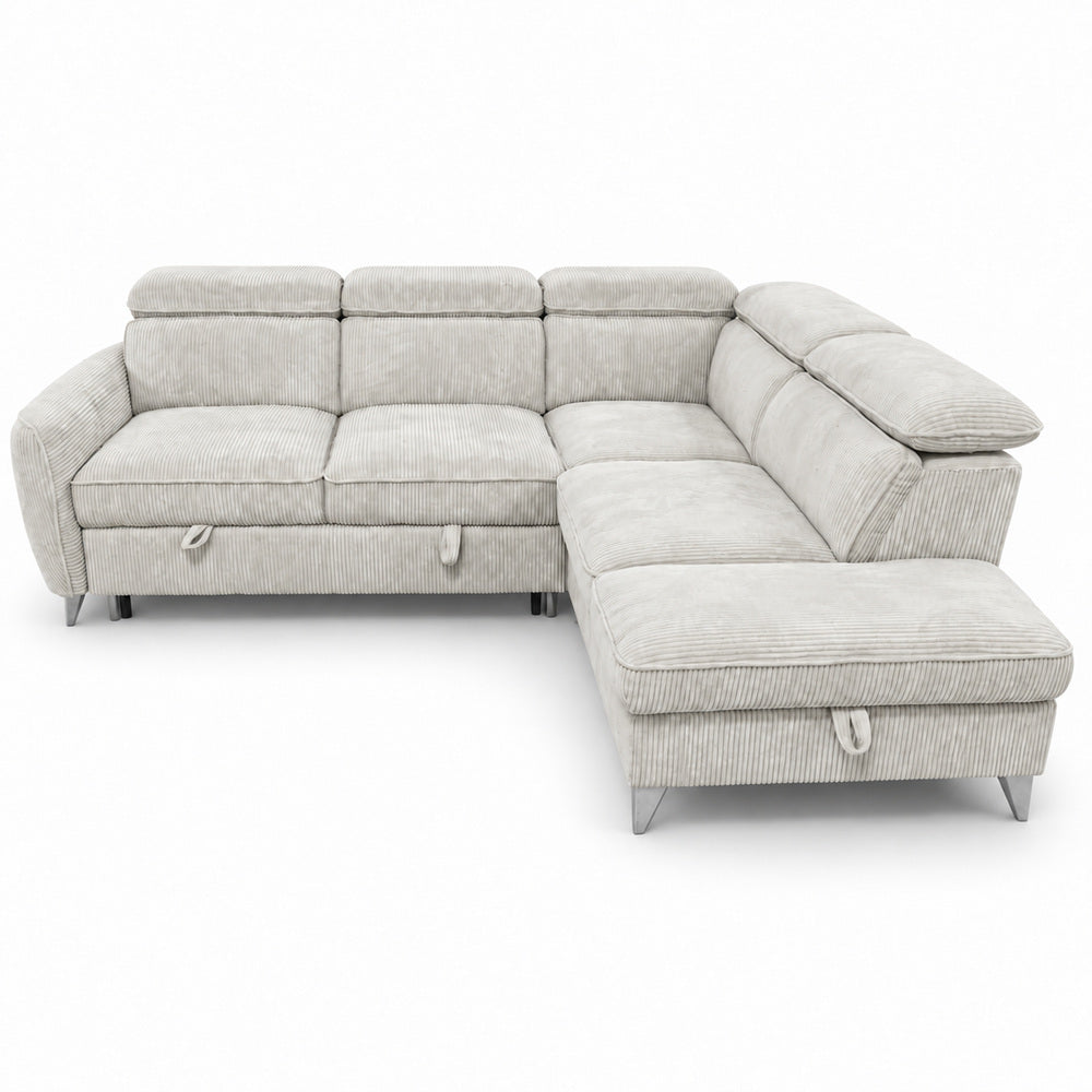 Canapé d’angle droit convertible avec coffre en tissu côtelé beige – Bari