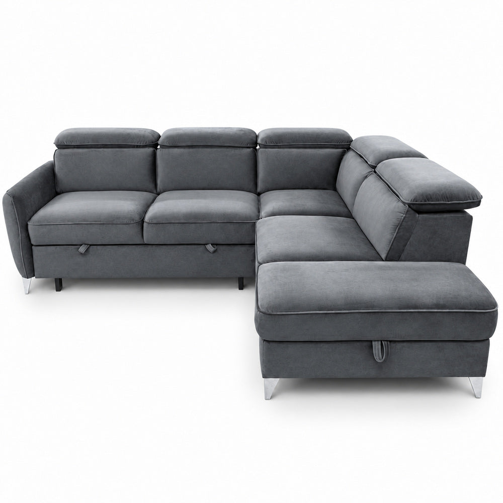 Canapé d’angle droit convertible avec coffre en velours anthracite – Bari