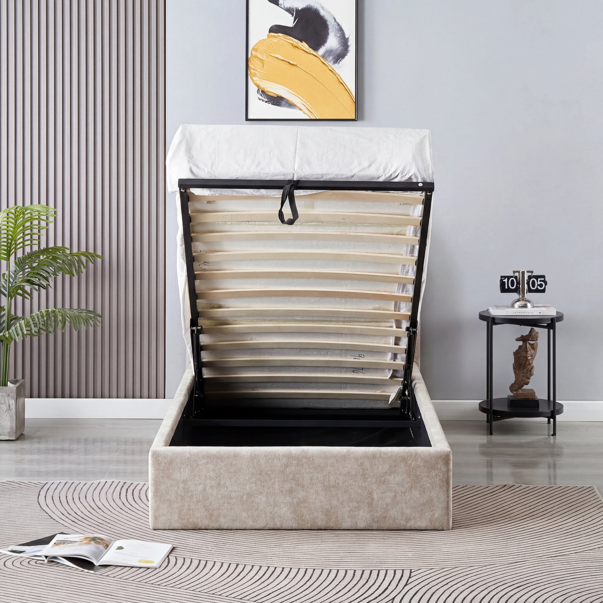 Lit coffre 90x190 beige tête de lit arrondie sommier inclus #couleur_doudou