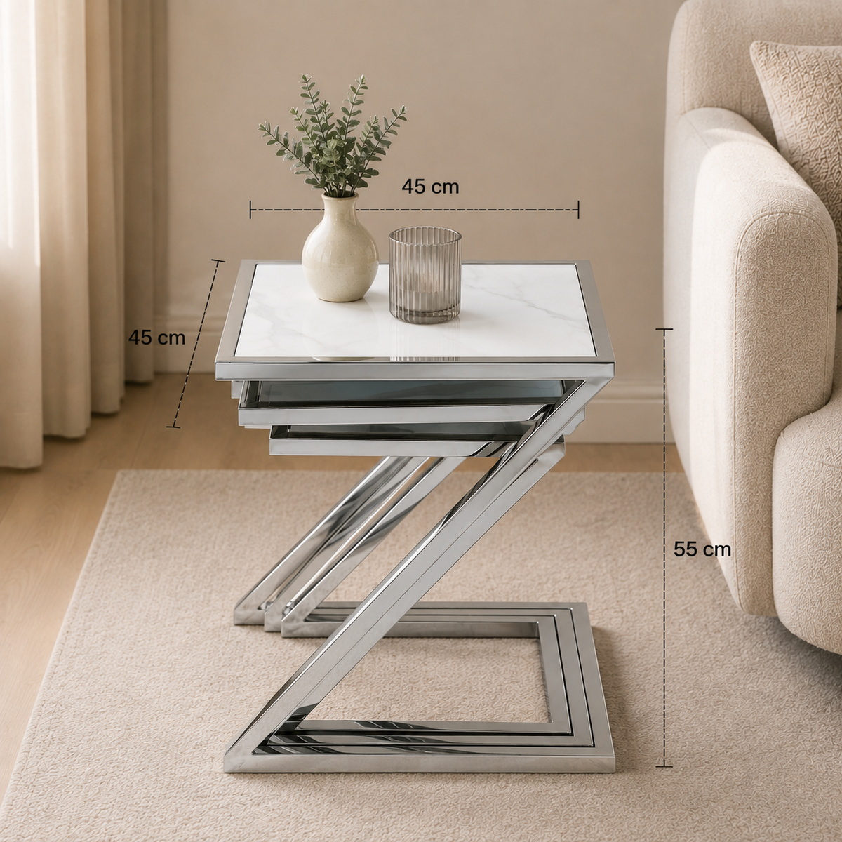 Guéridon Gigogne Z Chrome & Céramique Marbre Blanc – 45x45 / 40x40 / 35x35 cm
