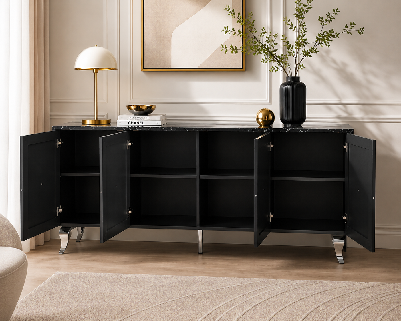 Buffet BAROQUE – Laqué Marbre Noir Pieds Chrome – 4 Portes – 180x40x80 cm
