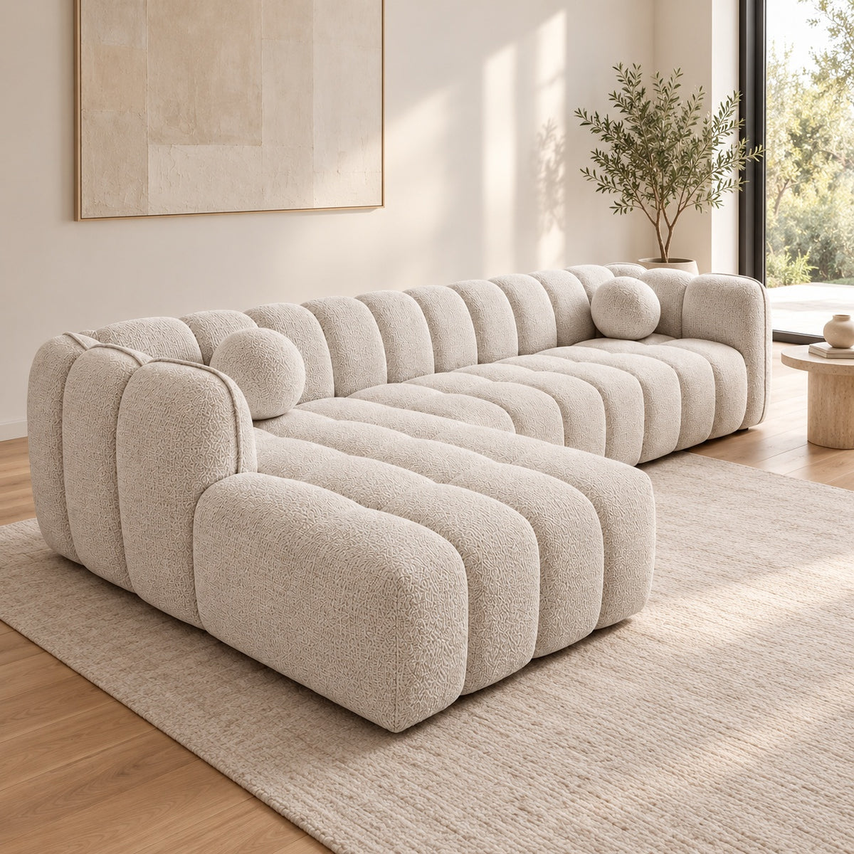 Canapé d’angle gauche en tissu Cremona beige 315 x 175 cm – Mirage