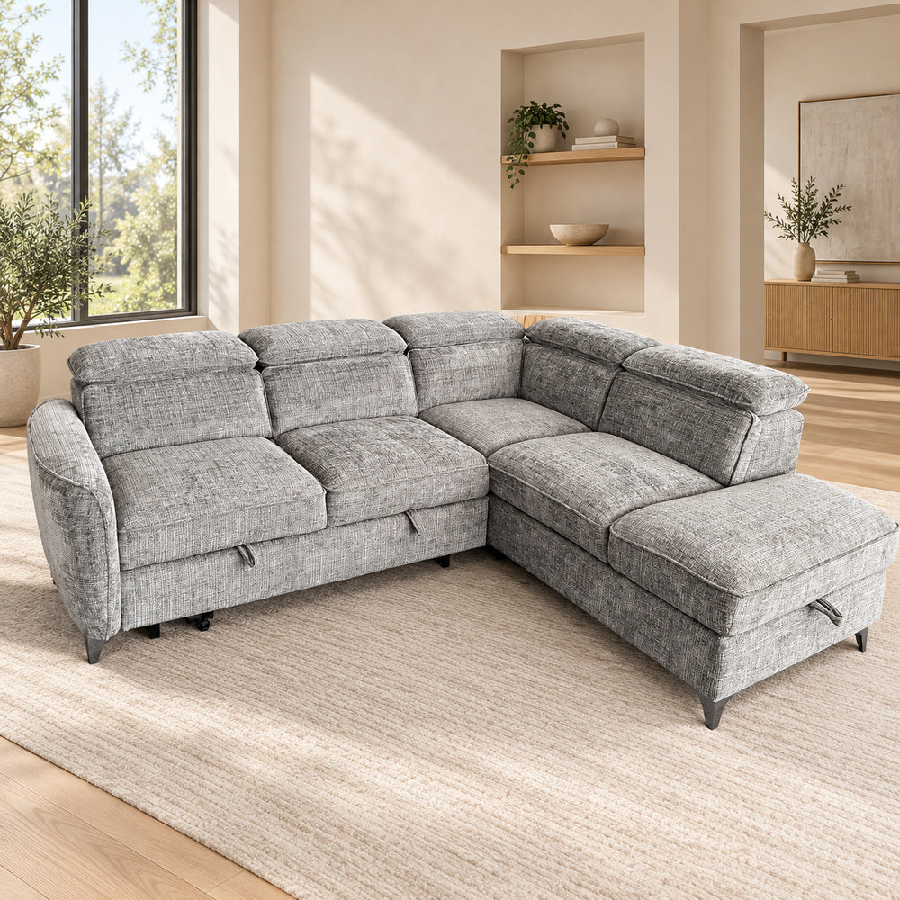 Canapé d’angle droit convertible avec coffre en tissu Cremona anthracite – Bari