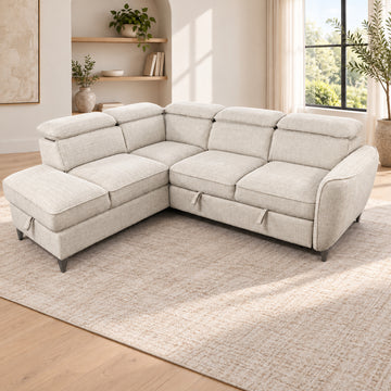 Canapé d’angle gauche convertible avec coffre en tissu Cremona beige – Bari