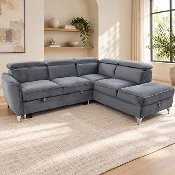 Canapé d’angle droit convertible avec coffre en velours anthracite – Bari