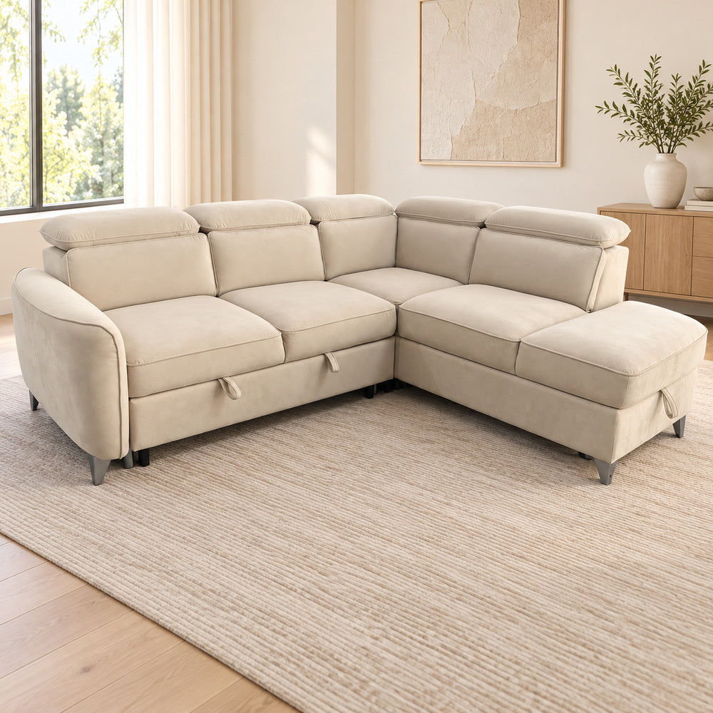 Canapé d’angle droit convertible avec coffre en velours beige – Bari