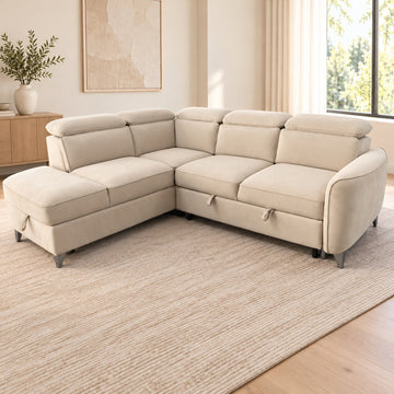 Canapé d’angle gauche convertible avec coffre en velours beige – Bari