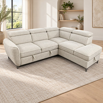 Canapé d’angle droit convertible avec coffre en tissu Cremona beige – Bari