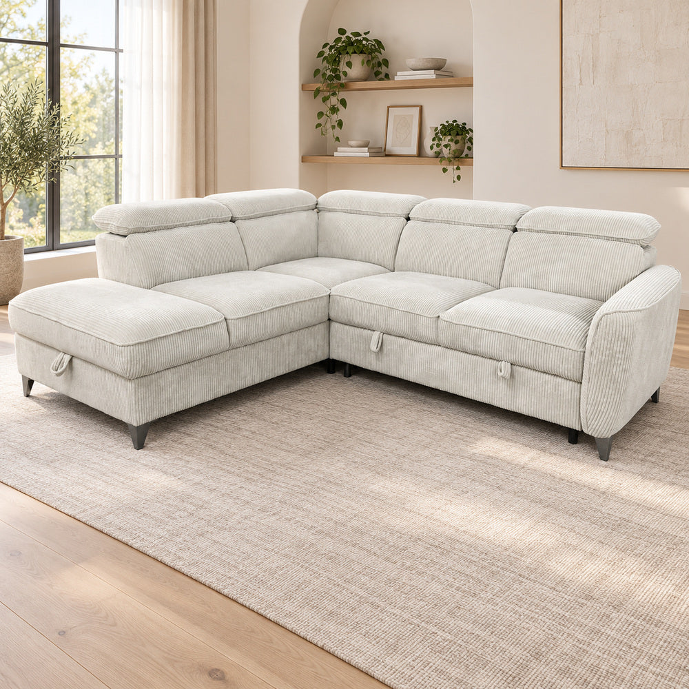 Canapé d’angle gauche convertible avec coffre en tissu côtelé beige – Bari