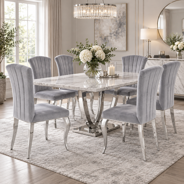 Lot de 6 Chaises Salle à Manger Baroque – Velours Gris & Pieds Chromés