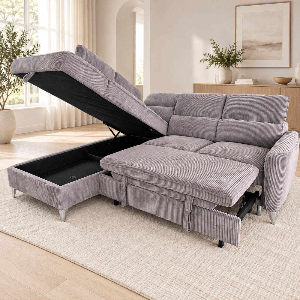 Canapé d’angle gauche convertible avec coffre en tissu côtelé gris – Bari