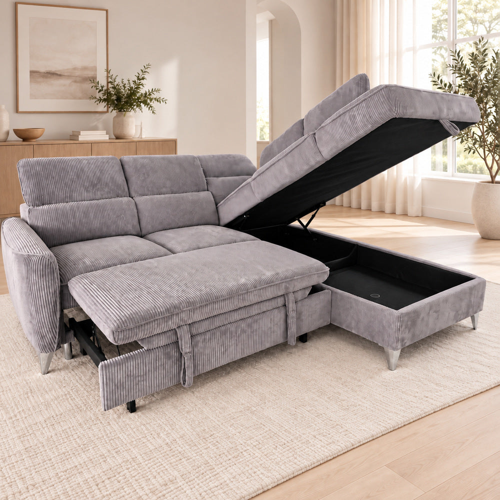 Canapé d’angle droit convertible avec coffre en tissu côtelé gris – Bari