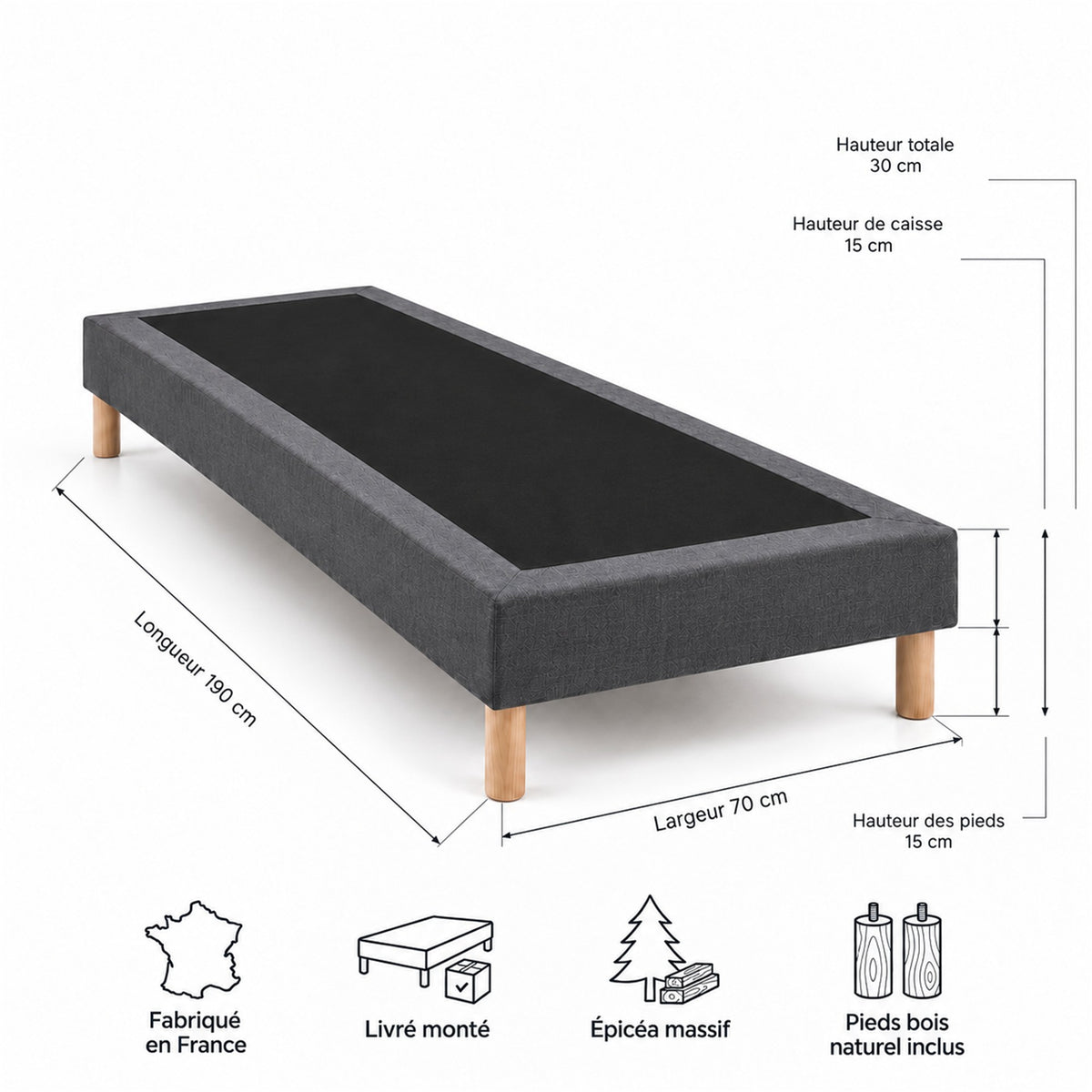 Sommier tapissier déco 70x190 cm Gris - Hauteur 30 cm - Pieds inclus