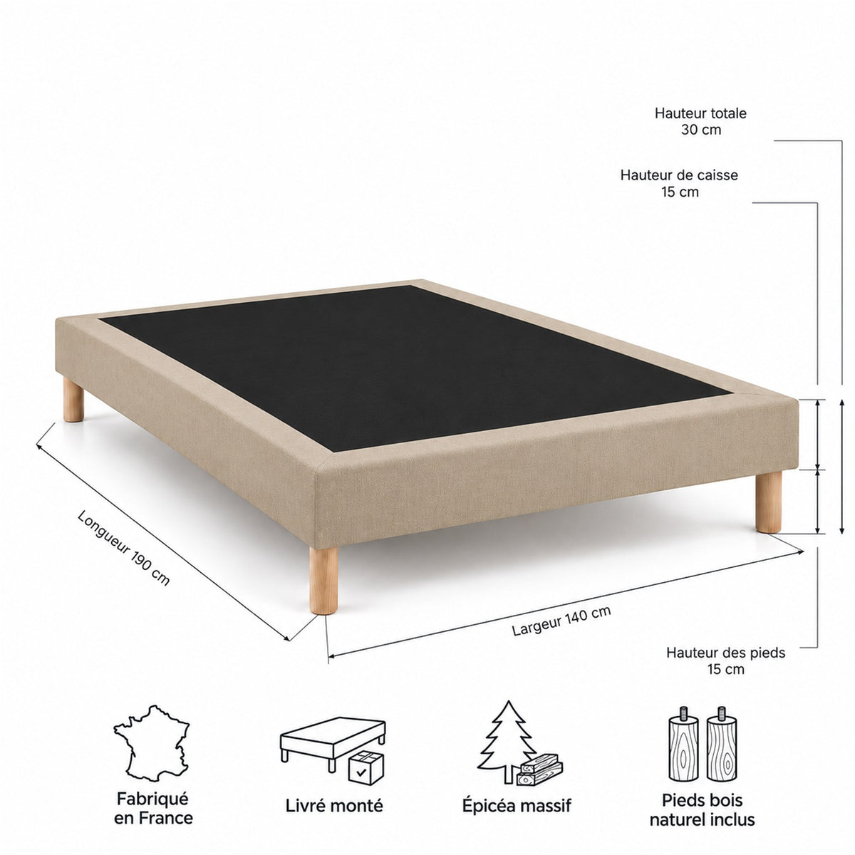 Sommier tapissier déco 140x190 cm Beige - Hauteur 30 cm - Pieds inclus