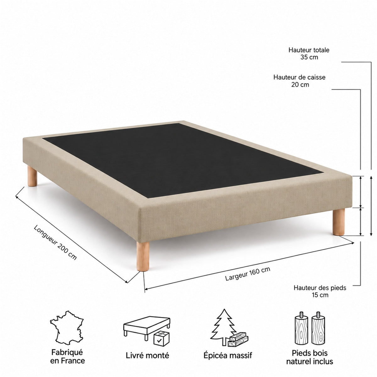 Sommier tapissier déco 160x200 cm Beige - Hauteur 35 cm - Caisse 20 cm - Pieds inclus