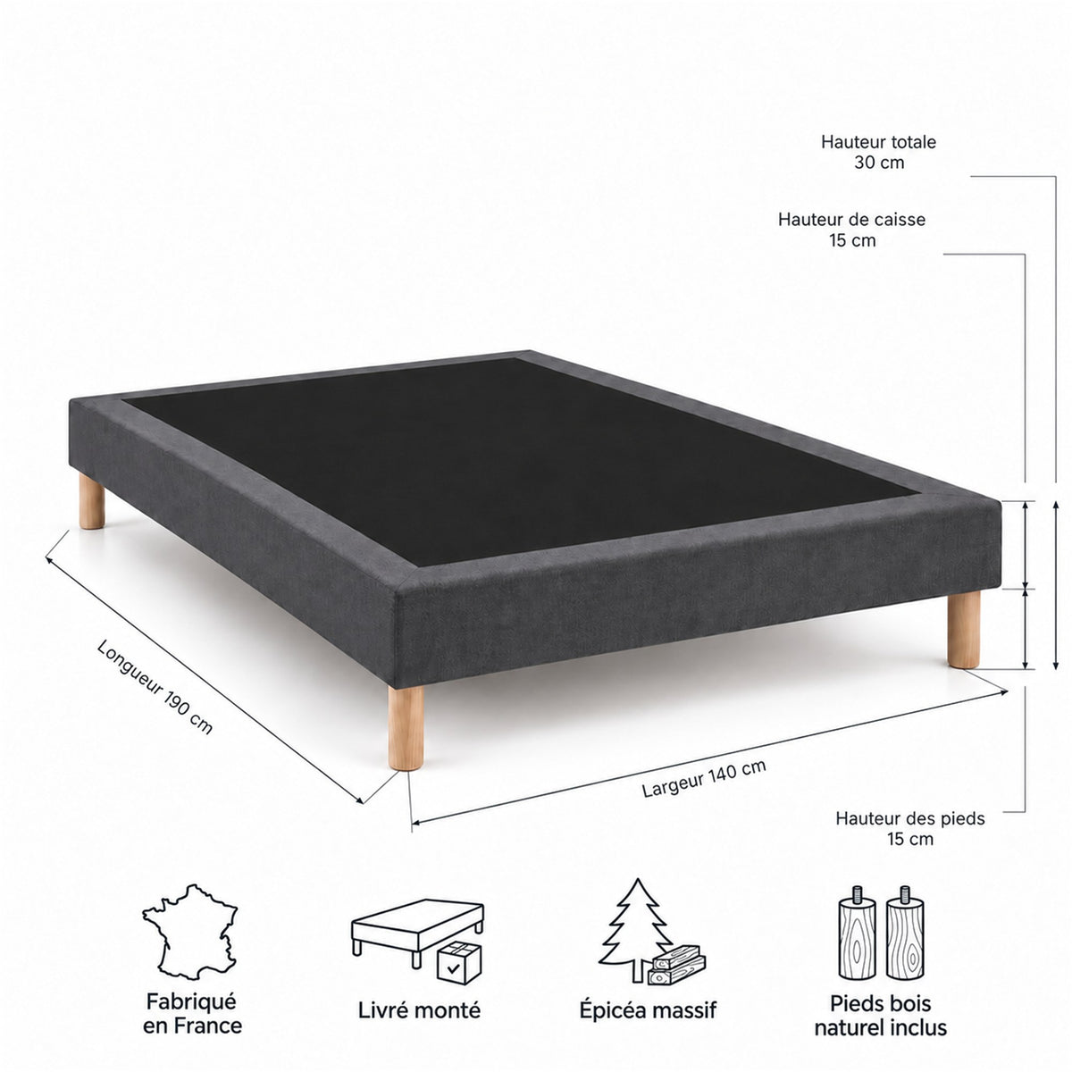 Sommier tapissier déco 140x190 cm Gris - Hauteur 30 cm - Pieds inclus
