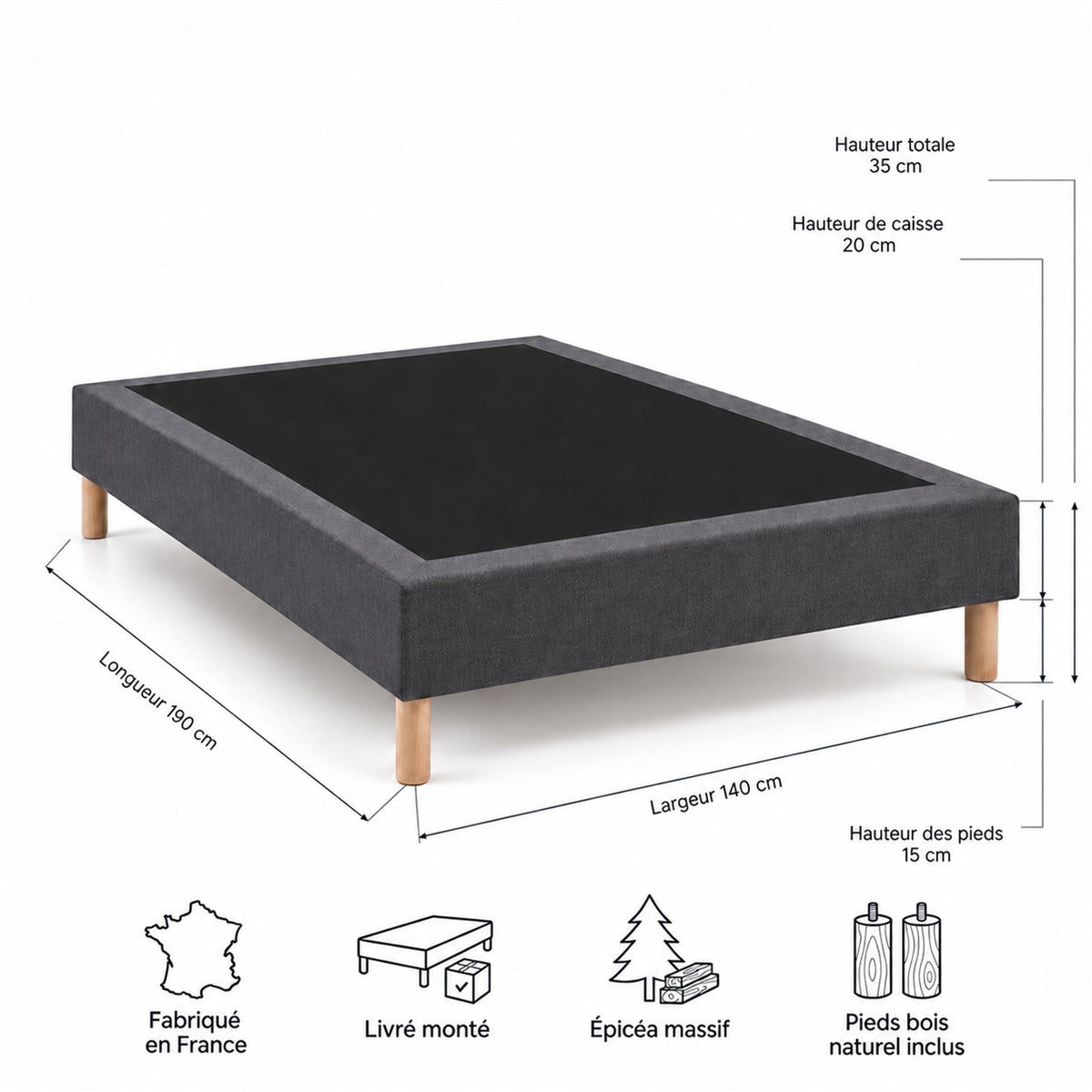 Sommier tapissier déco 140x190 cm Gris - Hauteur 35 cm - Caisse 20 cm - Pieds inclus