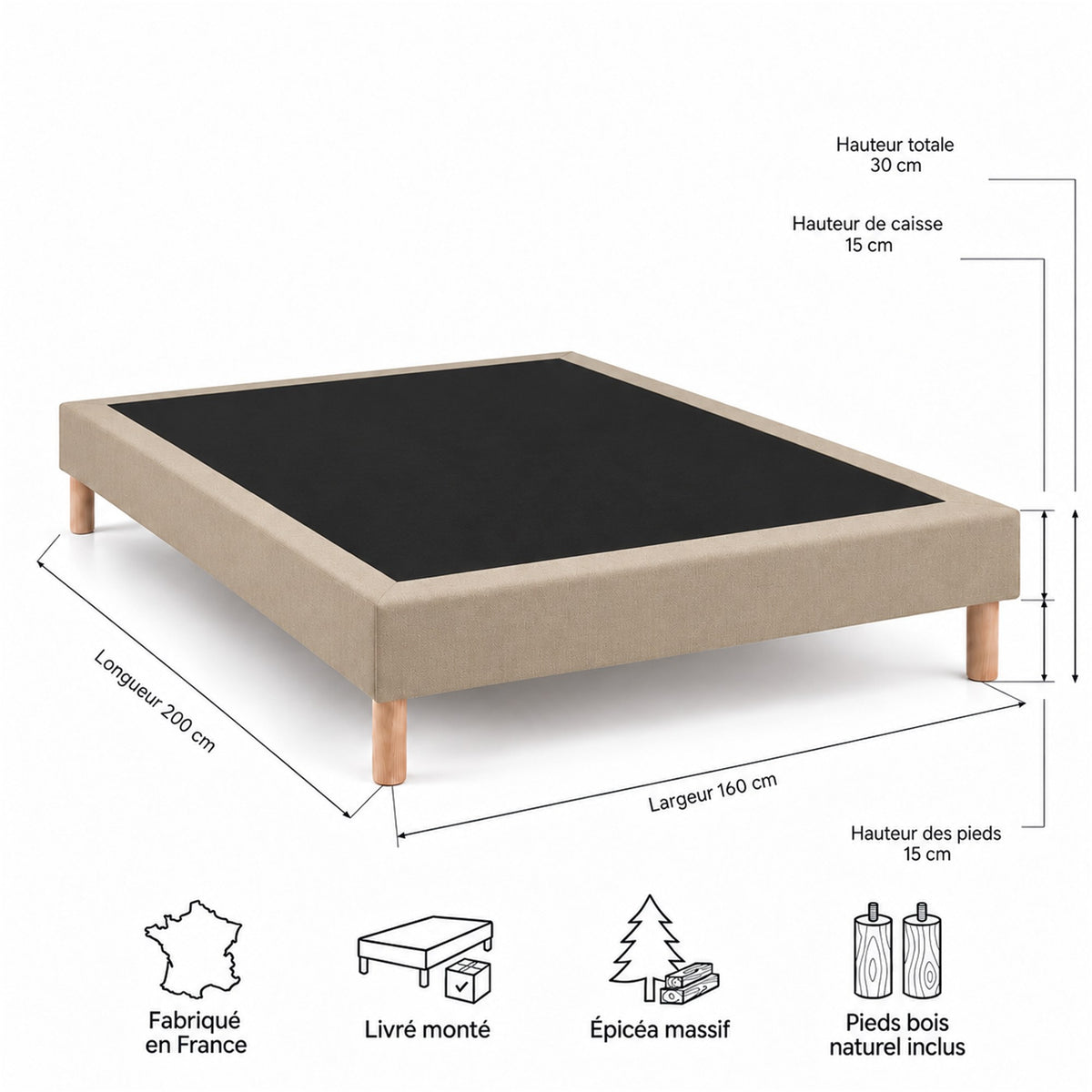 Sommier tapissier déco 160x200 cm Beige - Hauteur 30 cm - Pieds inclus
