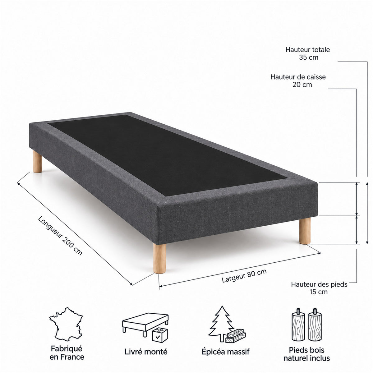 Sommier tapissier déco 80x200 cm Gris - Hauteur 35 cm - Caisse 20 cm - Pieds inclus