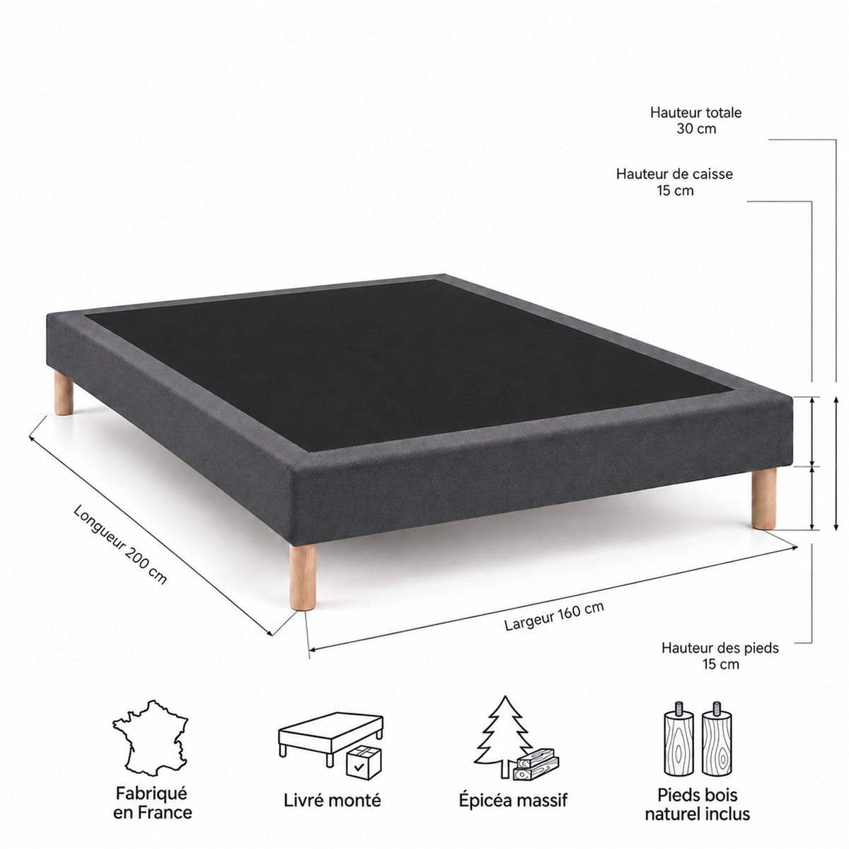 Sommier tapissier déco 160x200 cm Gris - Hauteur 30 cm - Pieds inclus