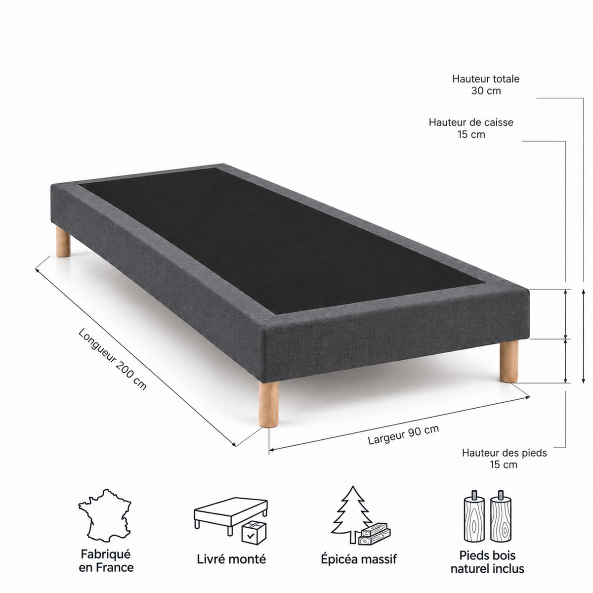 Sommier tapissier déco 90x200 cm Gris - Hauteur 30 cm - Pieds inclus