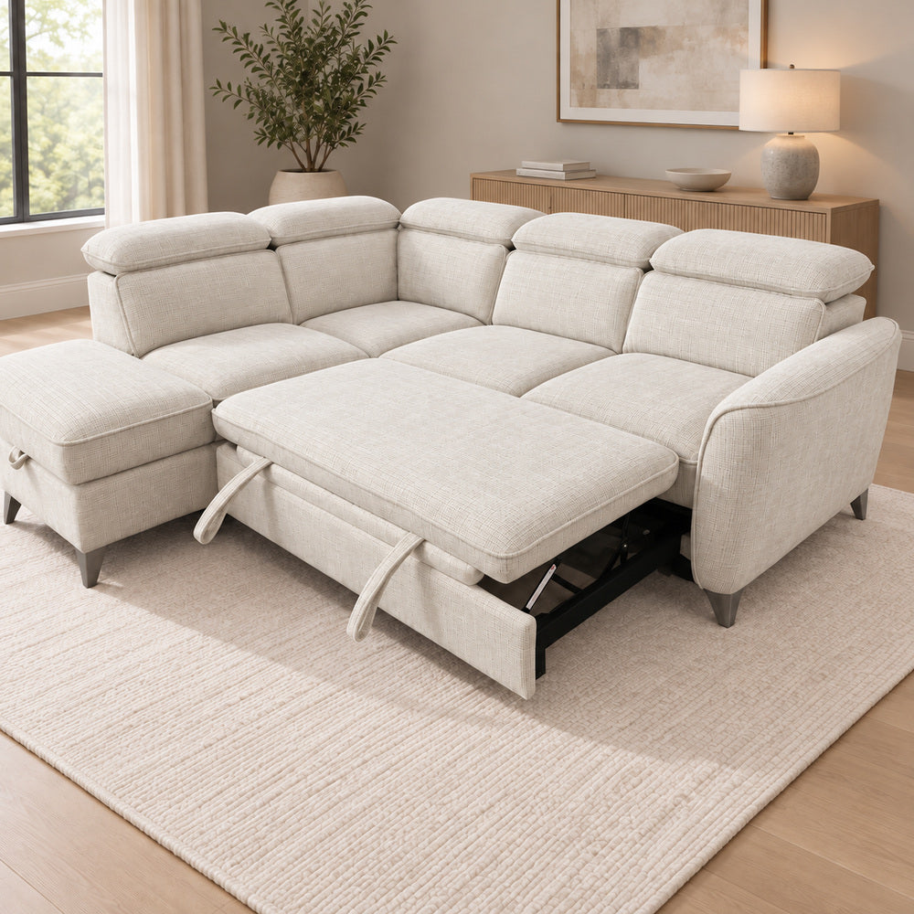 Canapé d’angle gauche convertible avec coffre en tissu Cremona beige – Bari