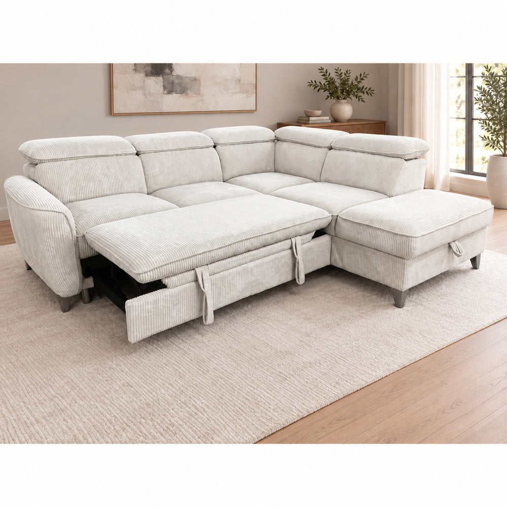 Canapé d’angle droit convertible avec coffre en tissu côtelé beige – Bari