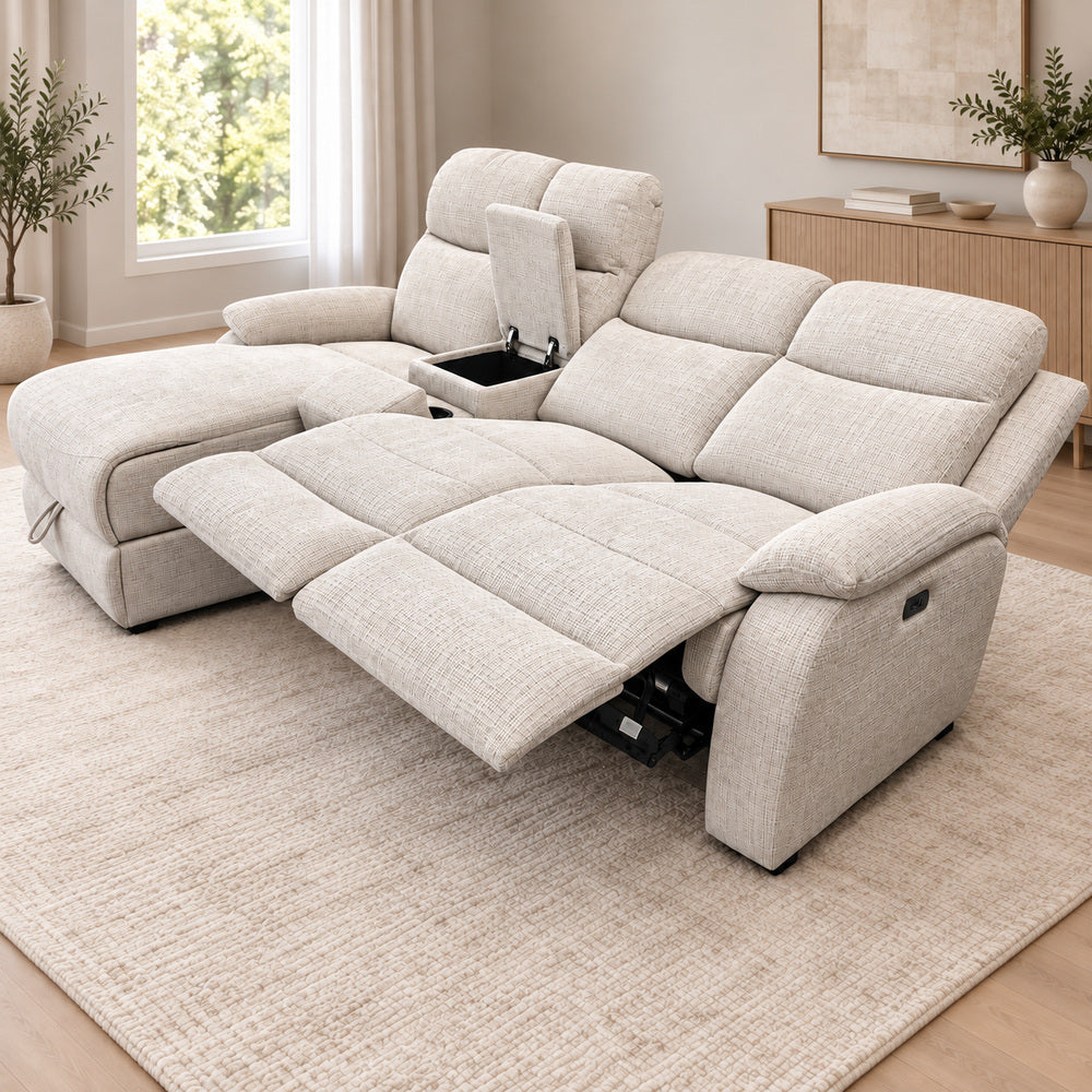 Canapé d’angle gauche avec coffre et fonction relax en tissu Cremona beige – Cosmo