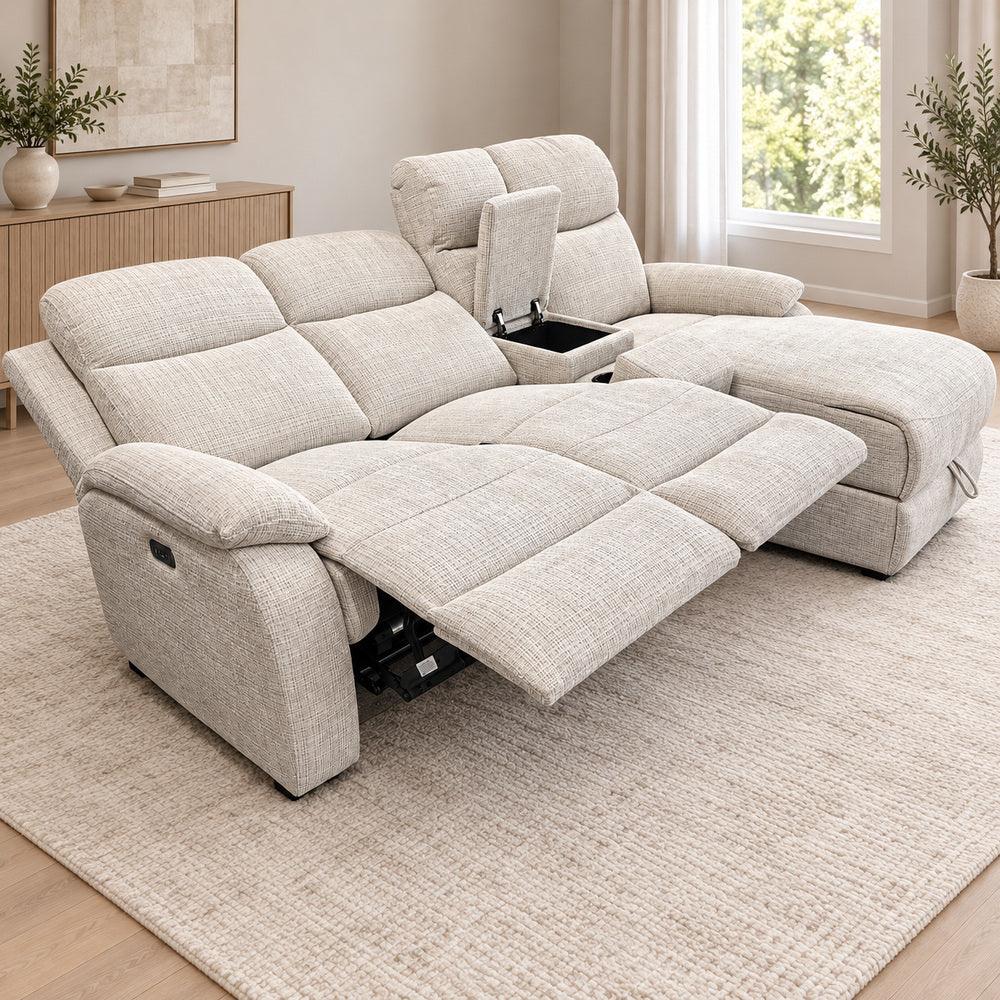 Canapé d’angle droit avec coffre et fonction relax en tissu Cremona beige – Cosmo