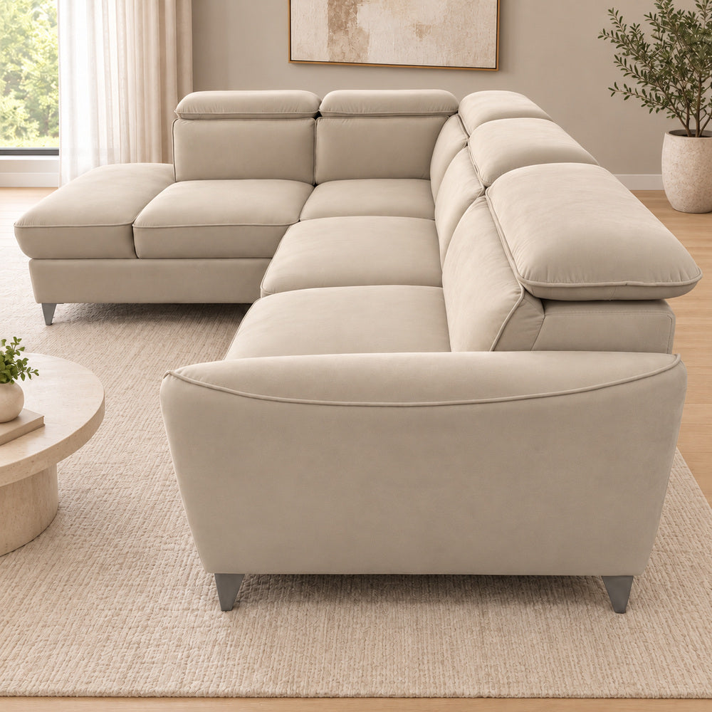 Canapé d’angle gauche convertible avec coffre en velours beige – Bari