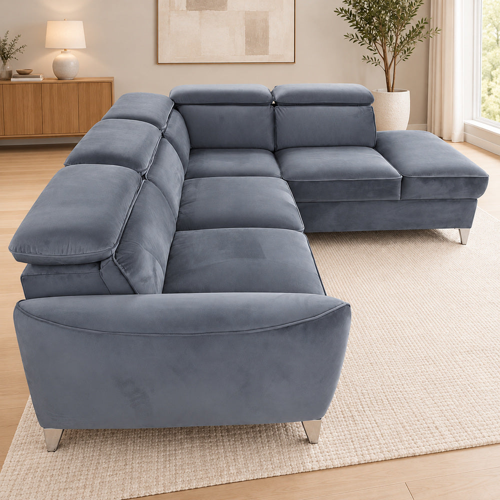 Canapé d’angle droit convertible avec coffre en velours anthracite – Bari