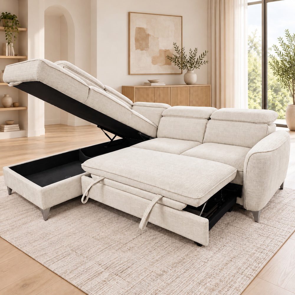 Canapé d’angle gauche convertible avec coffre en tissu Cremona beige – Bari
