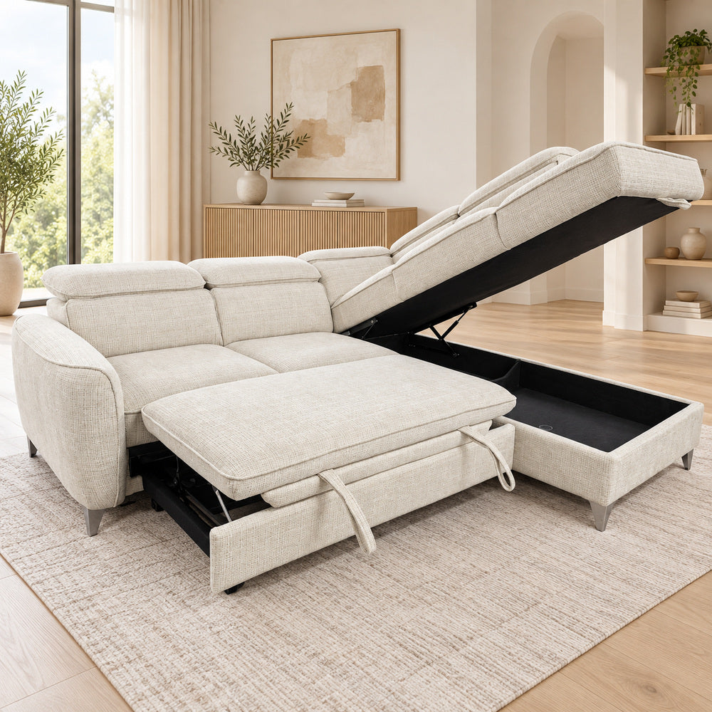 Canapé d’angle droit convertible avec coffre en tissu Cremona beige – Bari