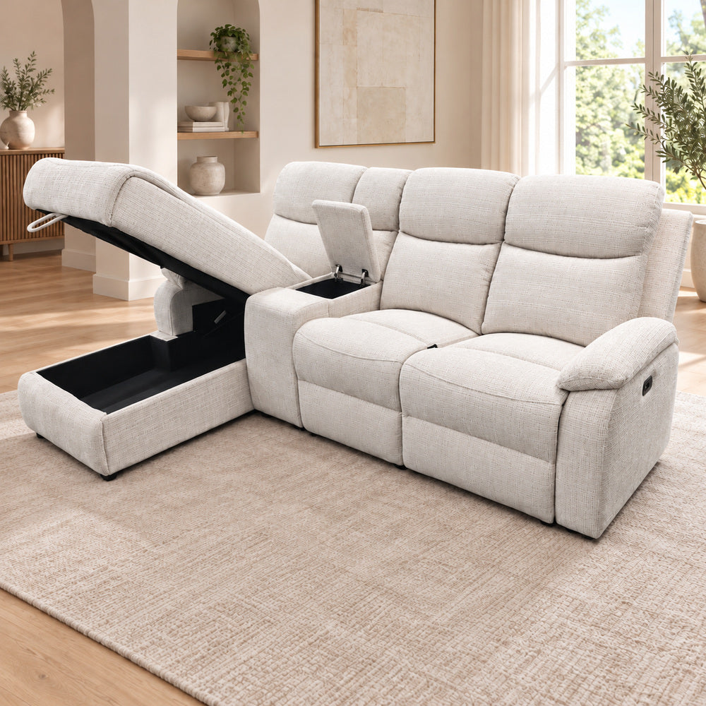 Canapé d’angle gauche avec coffre et fonction relax en tissu Cremona beige – Cosmo