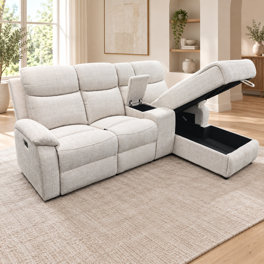 Canapé d’angle droit avec coffre et fonction relax en tissu Cremona beige – Cosmo