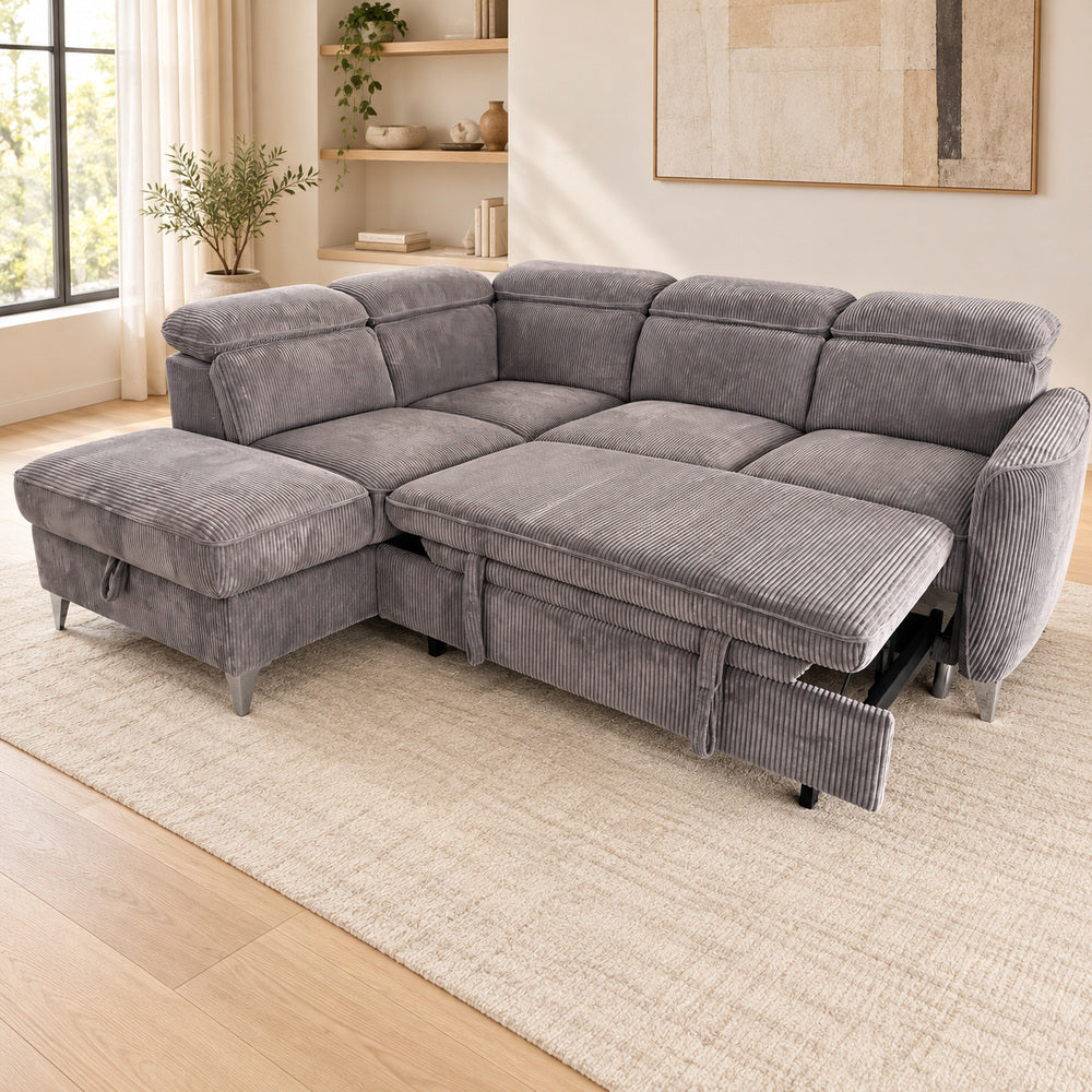 Canapé d’angle gauche convertible avec coffre en tissu côtelé gris – Bari