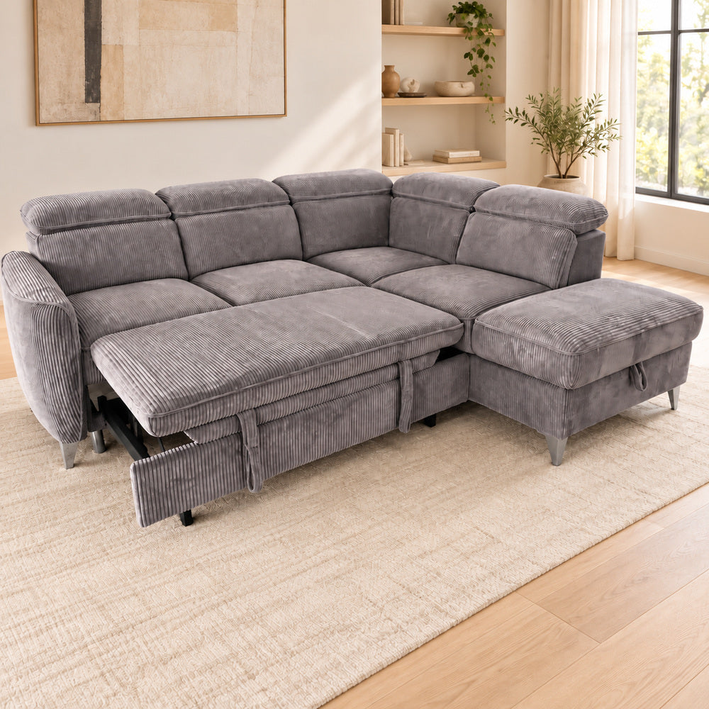 Canapé d’angle droit convertible avec coffre en tissu côtelé gris – Bari