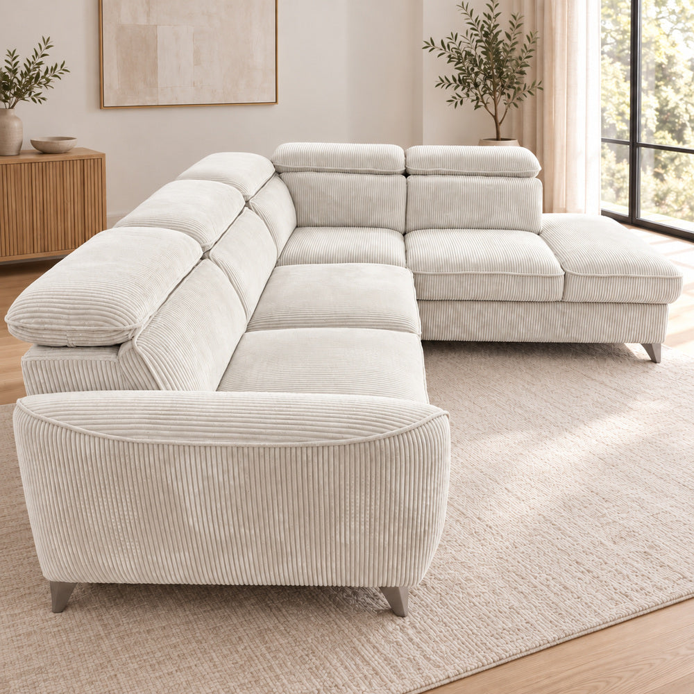 Canapé d’angle droit convertible avec coffre en tissu côtelé beige – Bari