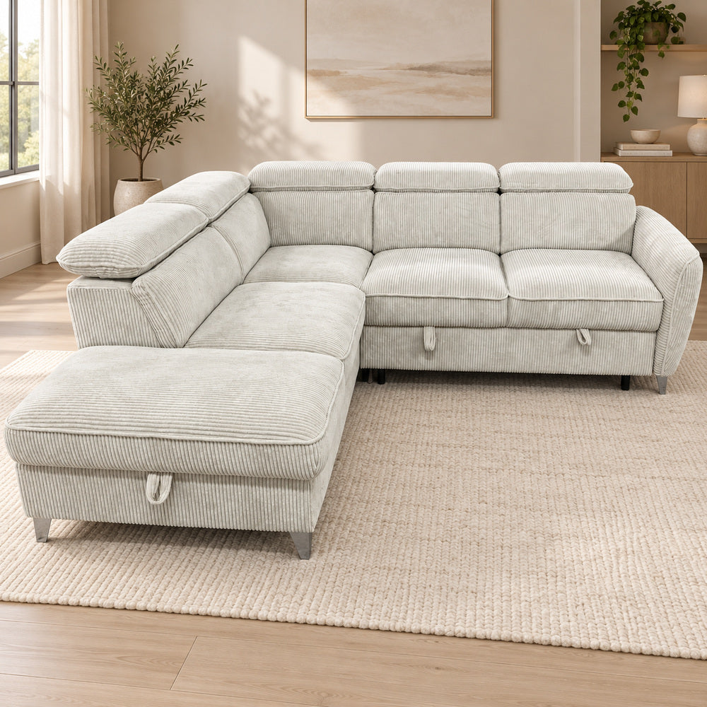 Canapé d’angle gauche convertible avec coffre en tissu côtelé beige – Bari