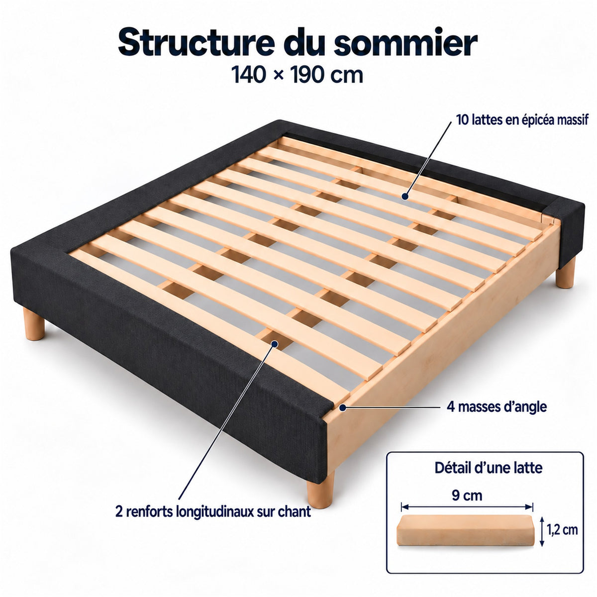 Sommier tapissier déco 140x190 cm Gris - Hauteur 35 cm - Caisse 20 cm - Pieds inclus