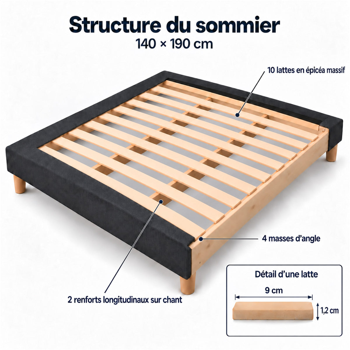 Sommier tapissier déco 140x190 cm Gris - Hauteur 30 cm - Pieds inclus