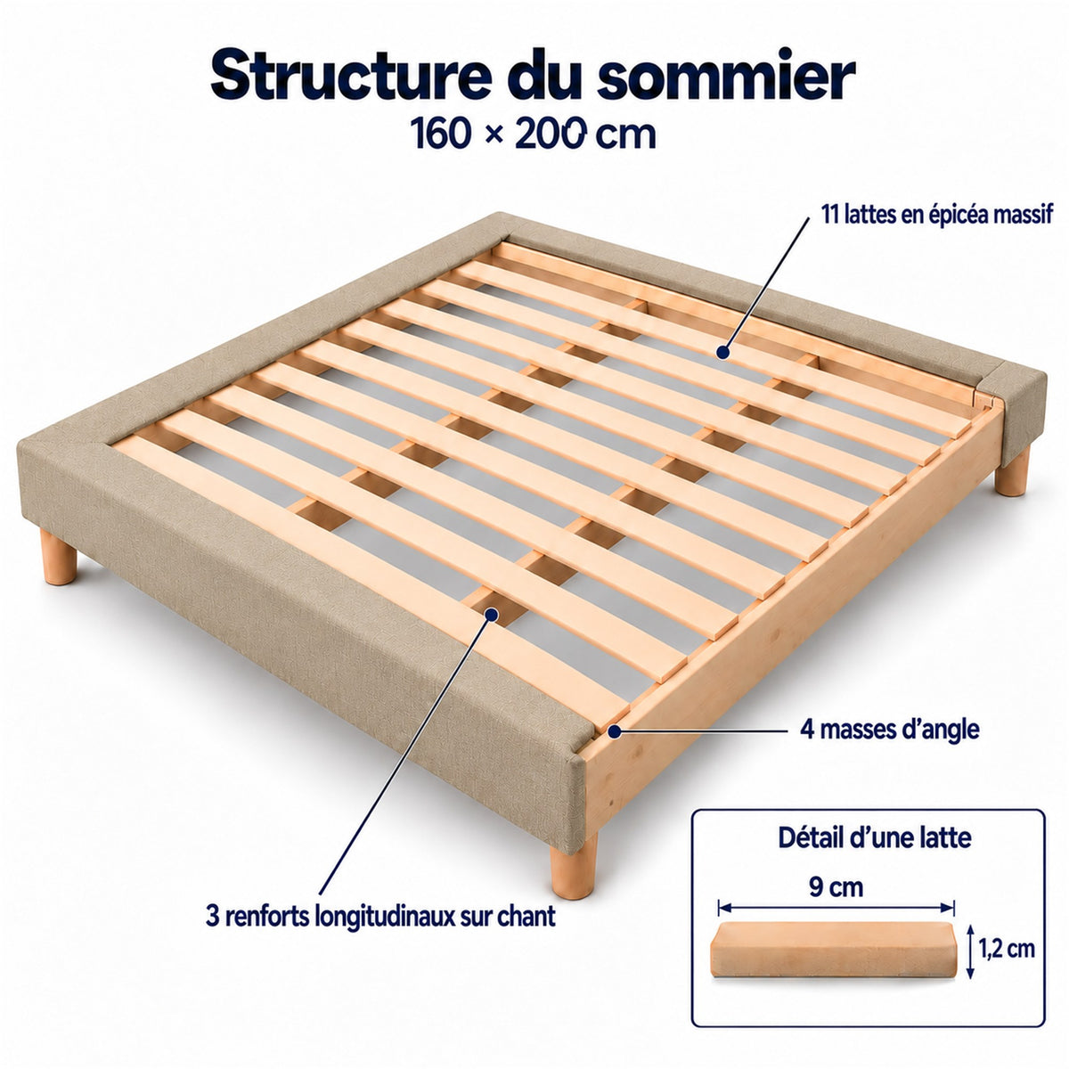 Sommier tapissier déco 160x200 cm Beige - Hauteur 30 cm - Pieds inclus