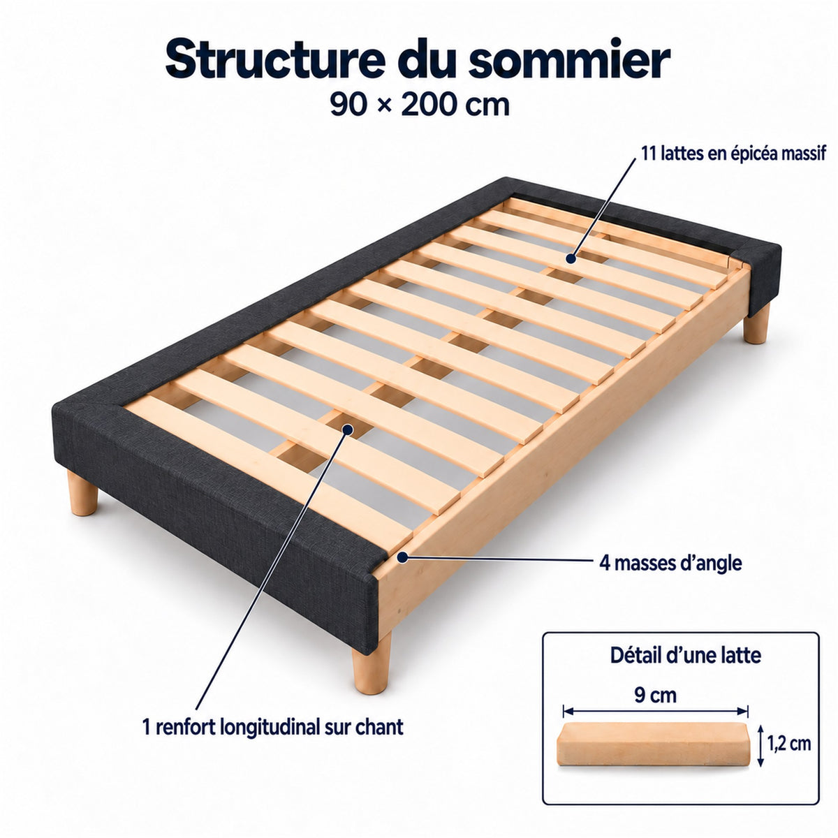 Sommier tapissier déco 90x200 cm Gris - Hauteur 30 cm - Pieds inclus